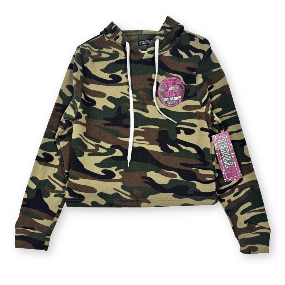 Thrill 94 Womens Camo Cropped Hoodie Juniors XL Green Camouflage Soft Cozy